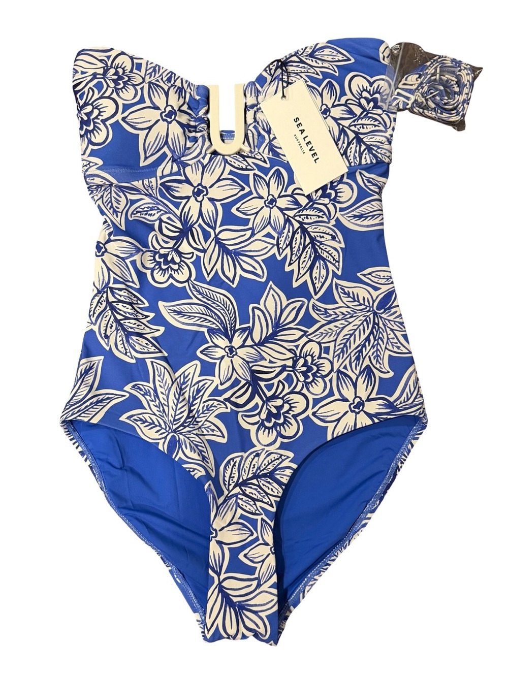 Sea Level Palmera U-Bar Bandeau One Piece Swimsuit Blue White 4 NWT